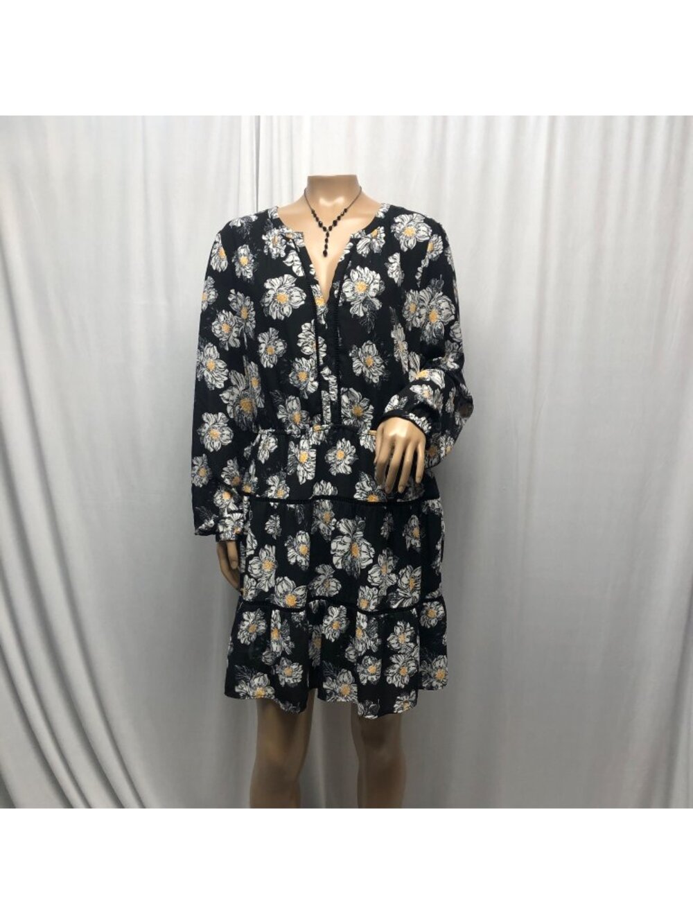 DR2 Floral Tiered Prairie Dress Womens Size Large Long Sleeve Black Yellow Boho